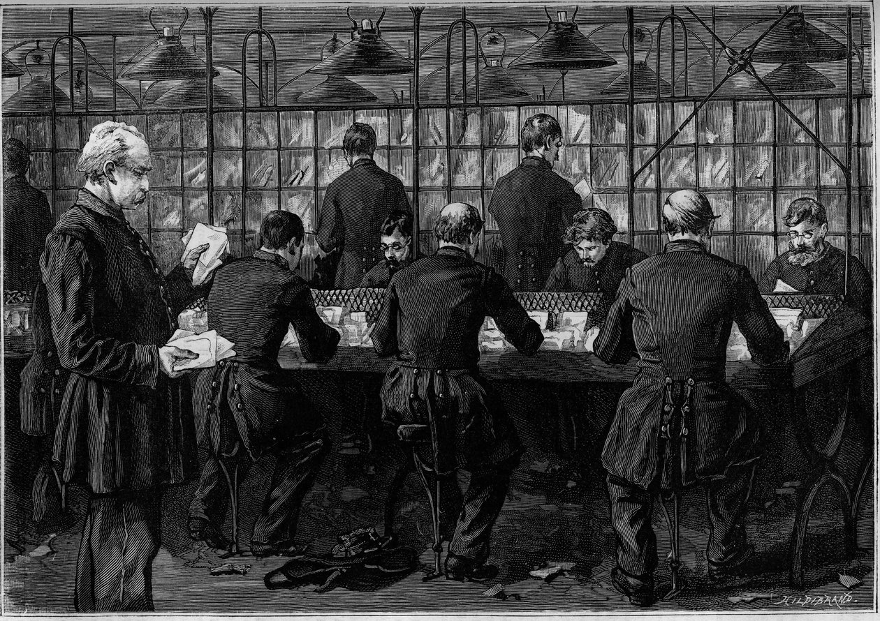 The sorting of correspondence in an office of the Hotel des Postes in the Rue du Louvre in Paris. Engraving in the journal 