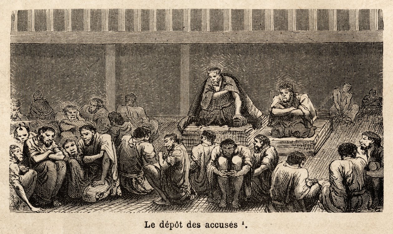 Die Stufen der Gerechtigkeit: das Depot der Anklagen, die sich alle in derselben Zelle versammeln, oft für lange Zeit, Angeklagte können mehr Komfort erhalten, zum Beispiel haben zwei Gefangene Matten erhalten, die es ihnen ermöglichen, sich über den Boden von Unknown artist