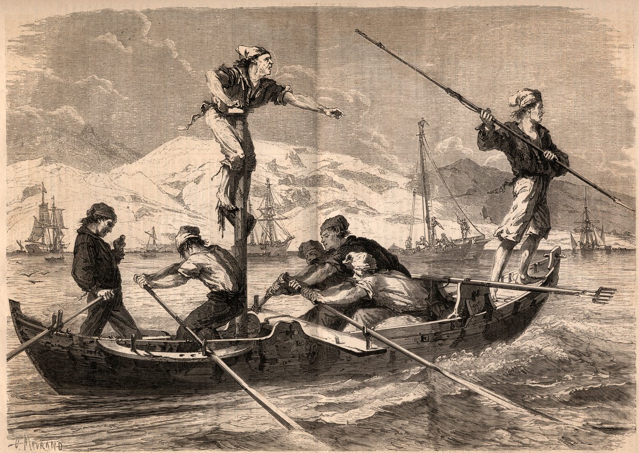 The swordfish harpoon fishing on the coast of Sicily in Italy in 1862. Engraving in 