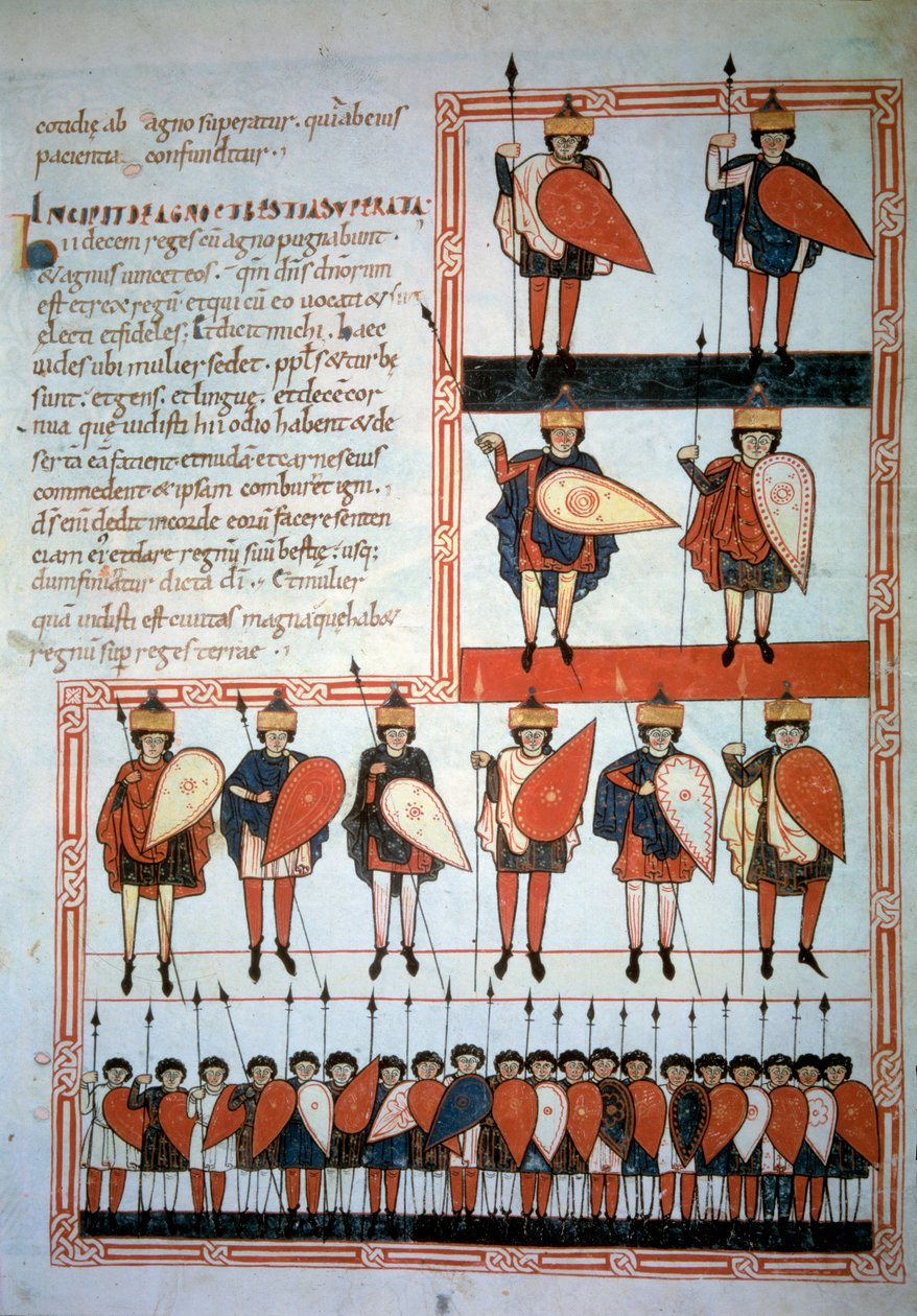 The ten kings of the apocalypse weapons of spears and shields with their troops. Miniature in 