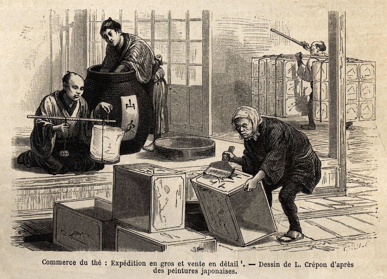 The trade of the tea: wholesale and retail shipping. Engraving to illustrate the voyage to Japan, by Aime Humbert, minister of the Swiss Confederation, in 1863-1864, published in 
