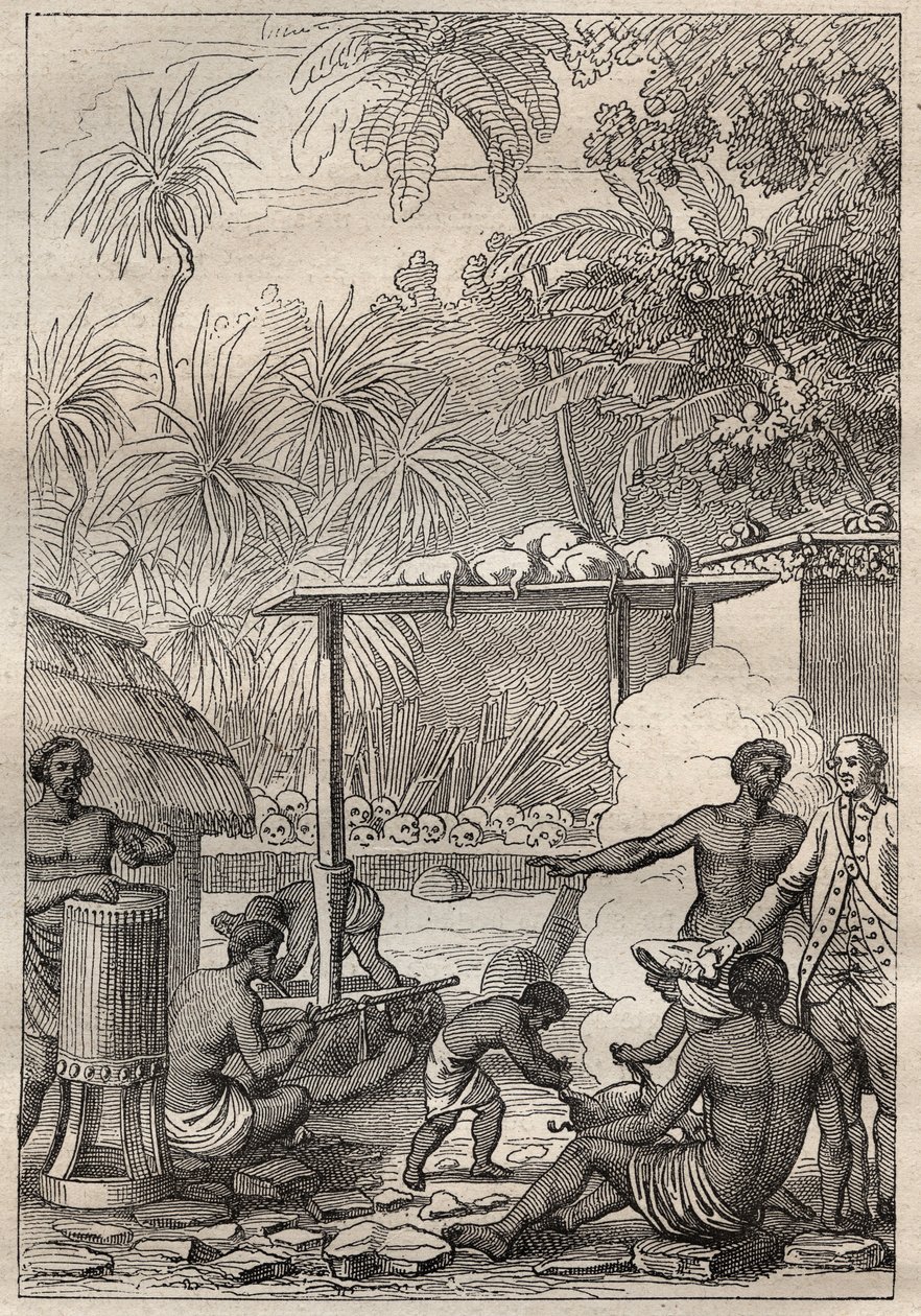 Third voyage (1776-1779) by Captain James Cook (1728-1779): human sacrifice to Tahiti - illustration taken from 