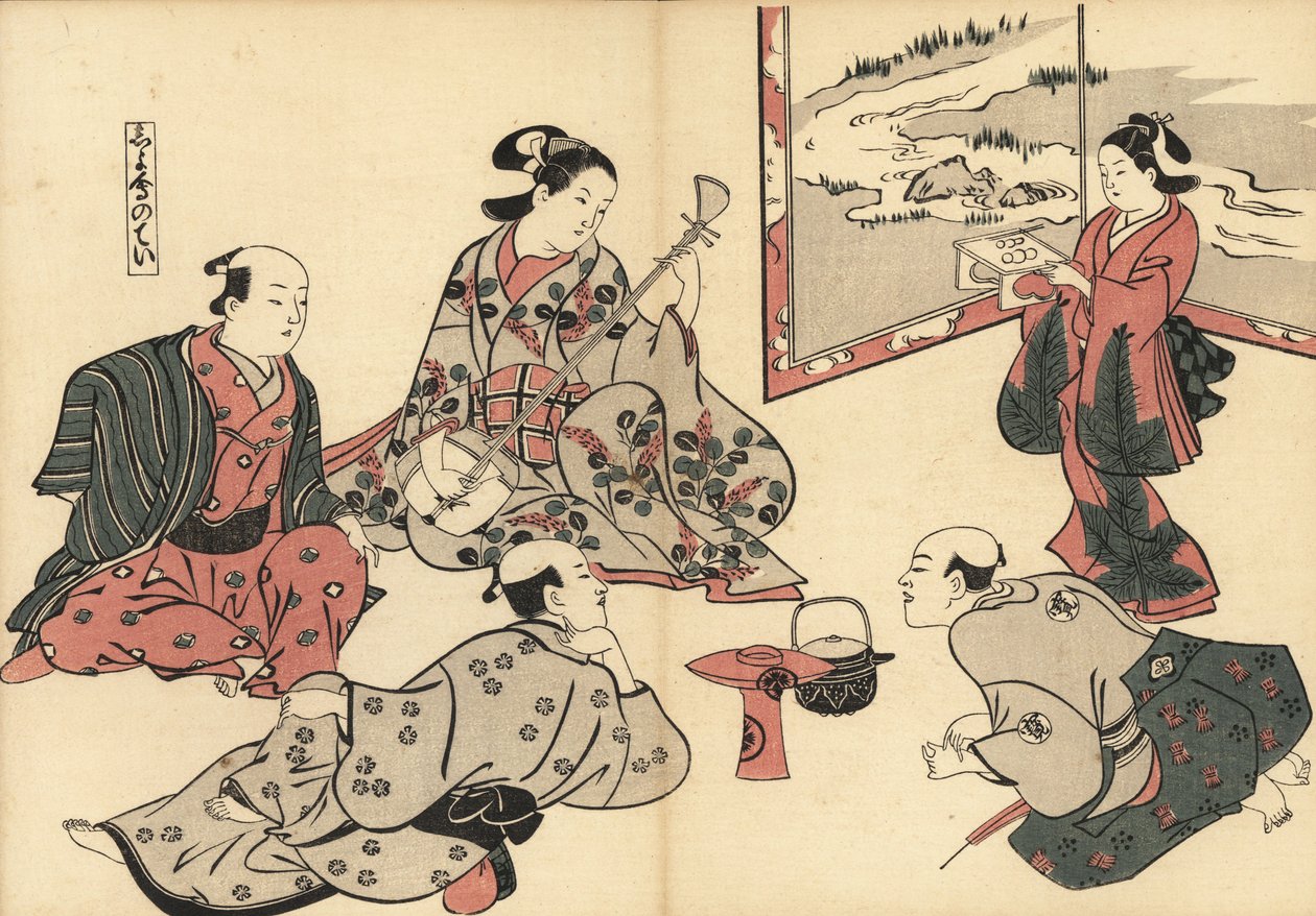 Three Samurai Listen to a Courtesan Play the Shamisen, as a Kamuro Brings Food on a Tray. Woodblock Print by Masanobu Okumura from Fuzoku Emakimono, Picture Scroll of the Water Trade, Tokyo, Reprint circa 1880. by Unknown artist