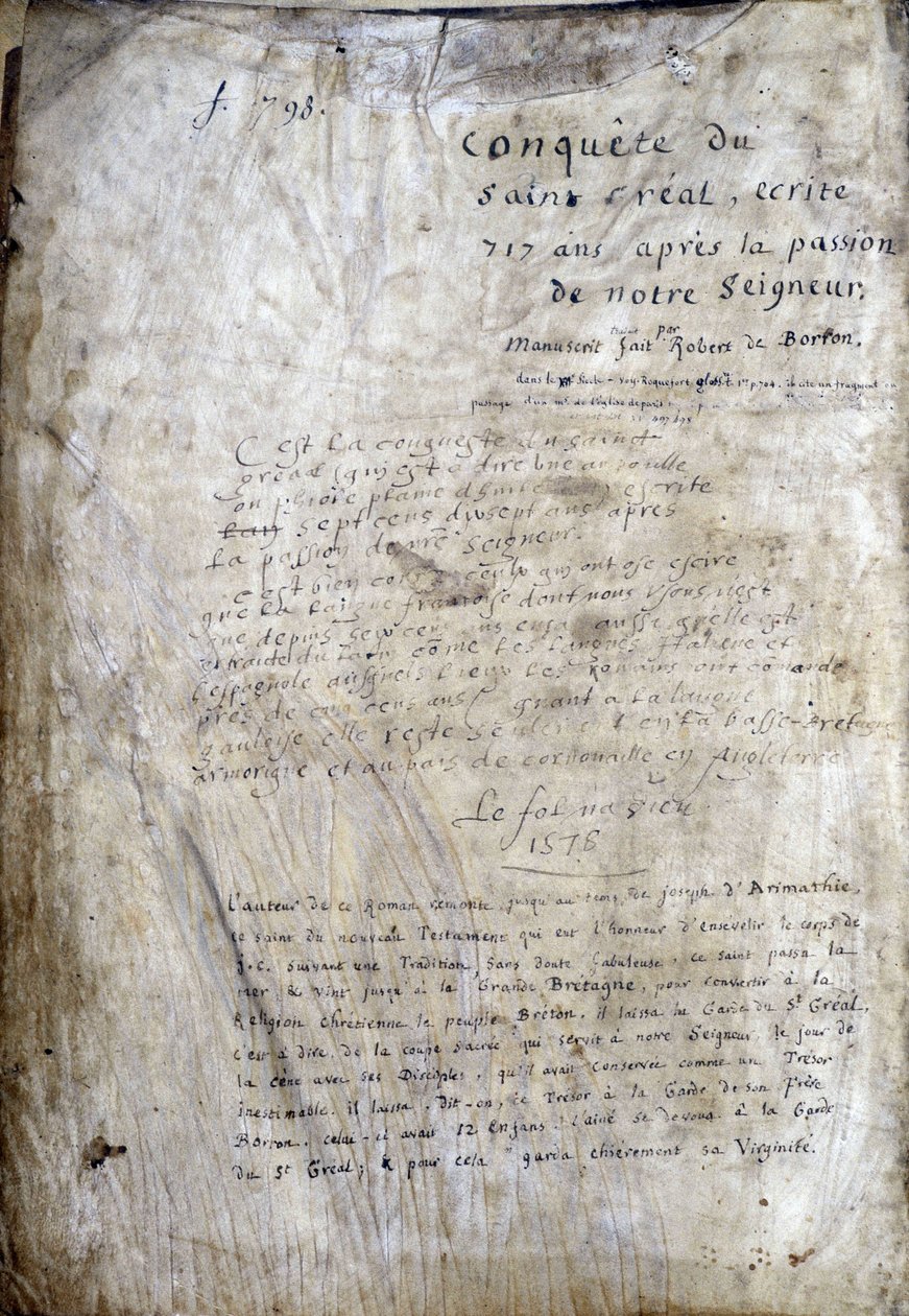 Title page of a manuscript: Conquest of the Saint Gréal, written 717 years after the passion of our lord. Bibliotheque municipale de Rennes, ms. 255 (Collection of novels of the Round Table) by Unknown artist