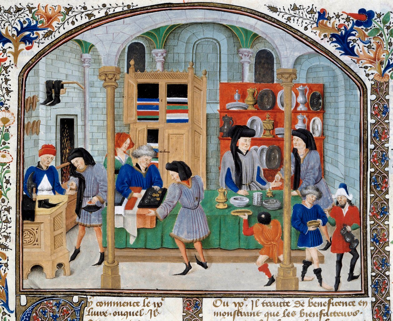 Trade Scene: Merchants in a Shop Present Tableware and Silverware to Their Customers. Miniature taken from an edition of “Ethical, Political and Economic” by Aristotle by Unknown artist
