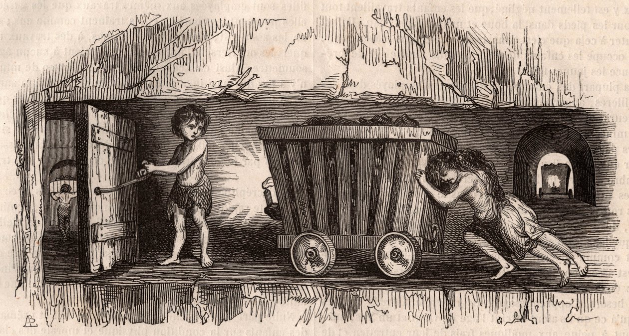 Two children pushing a trolley in an English coal mine, a third, the Trapper opens a door by Unknown