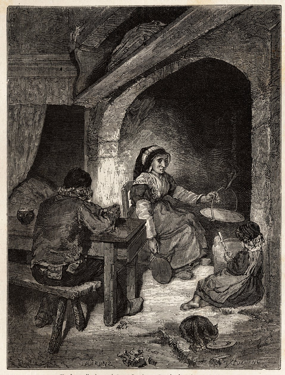 An inn fireplace at Saint Cernin, engraving to illustrate a voyage to the volcanoes of central France in 1864, in Le tour du monde, nouveau journal des voyages published under the direction of Edouard Charton by Unknown artist