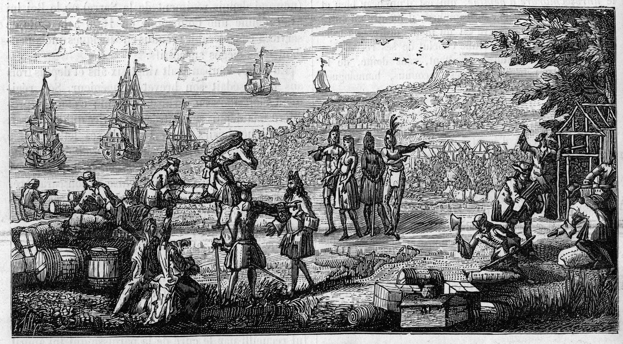 Unbarking of supplies in the French colonies of America. Pen drawing places a head of a memoire of Vauban on 