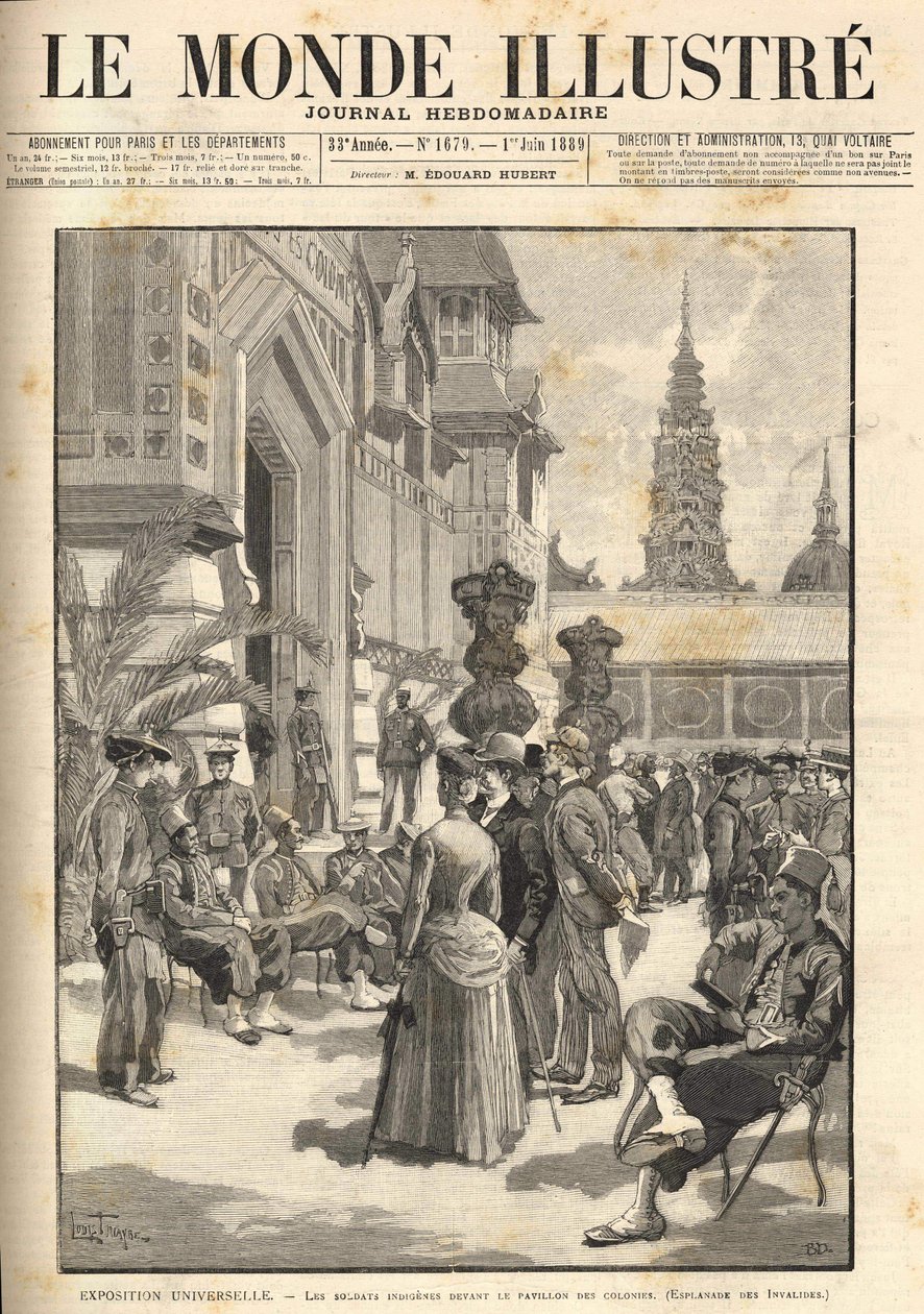 Universal Exhibition 1889 - Indigenous soldiers in front of the Colonial Pavilion (Esplanade des Invalides). Cover “Le Monde Illustré” from 01/06/1889 by Unknown artist