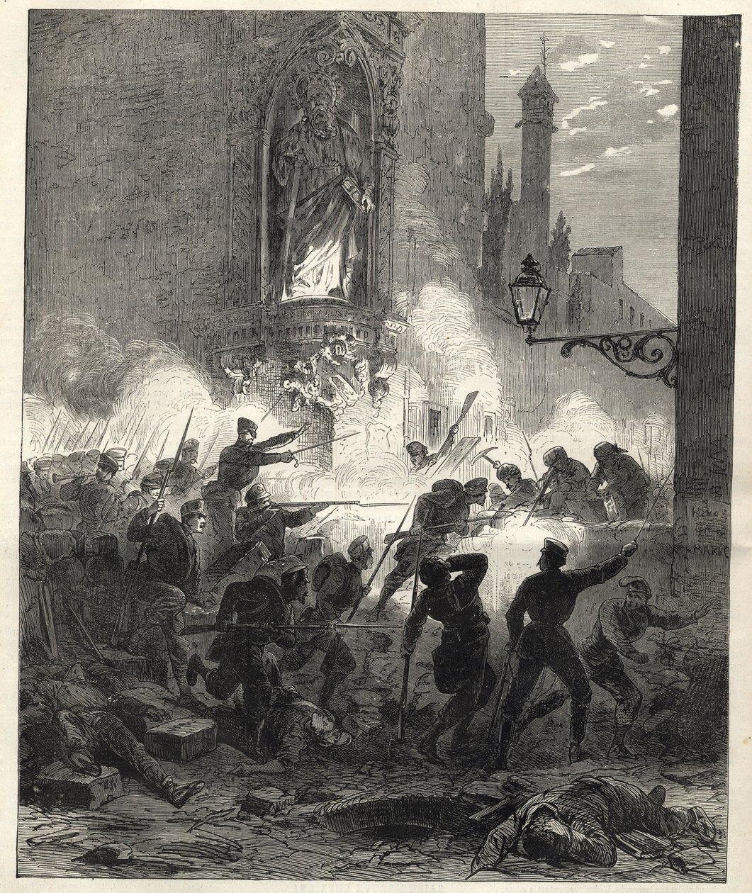 Uprising by the Republicans in Catalonia: fighting in Barcelona in the night of 25 to 26 September 1869 - Sexenio Democratico - Spain under the rule of General Francisco Serrano 1869/1870 by Unknown artist
