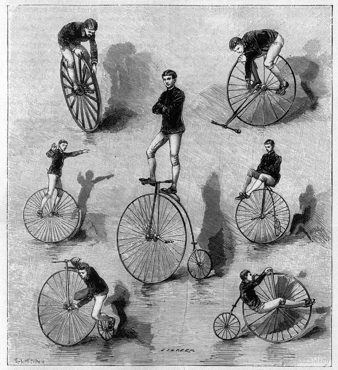 Velocipedic exercises by American Dan Canary. Engraving in 