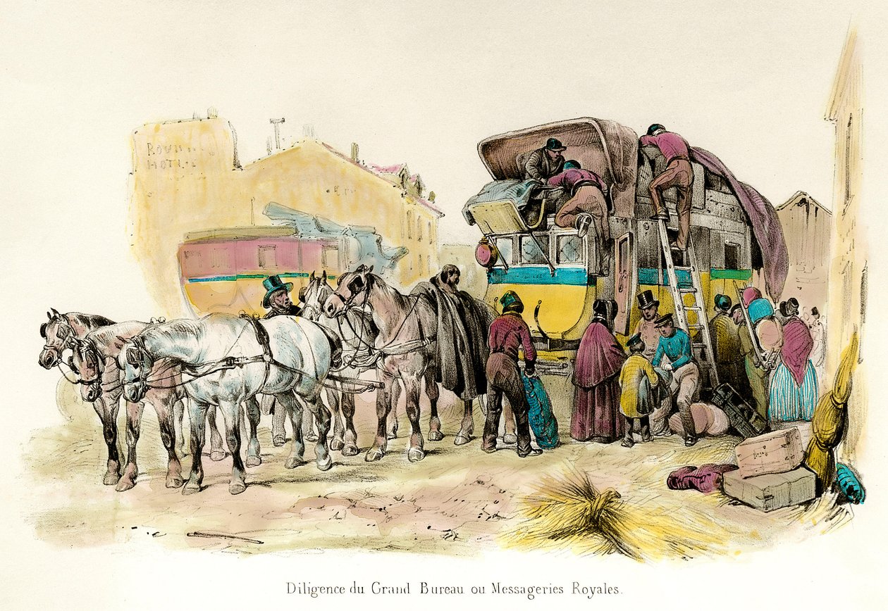View of a diligence of the Grand Bureau or the Royal Messageries, service instituted by Anne Robert Turgot: loading passengers baggage. Engraving of the 19th century by Unknown artist