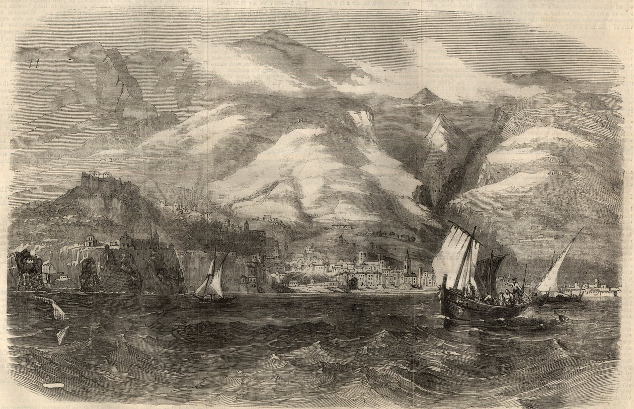 View of the city of Funchal on the island of Madeira in Portugal. Engraving in 