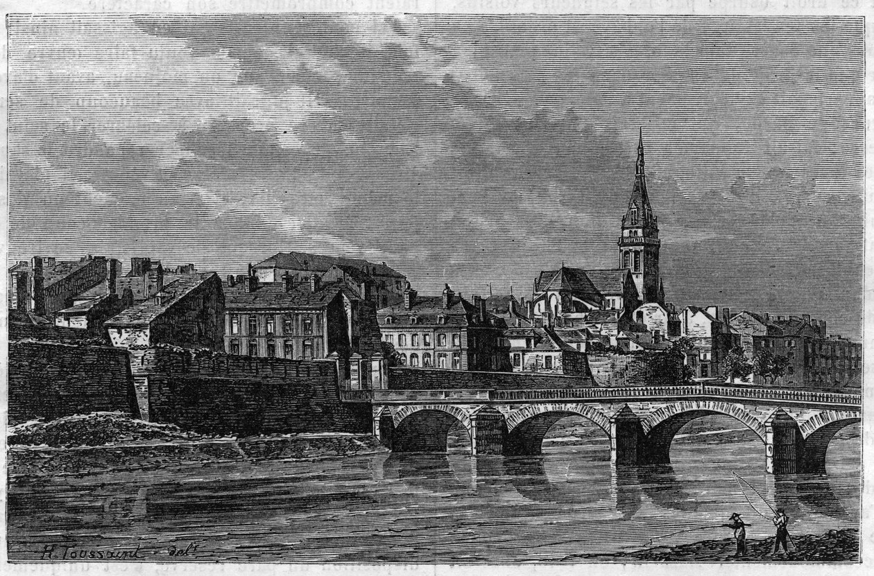 View of the city of Mezieres at the end of the 19th century. Engraving in 