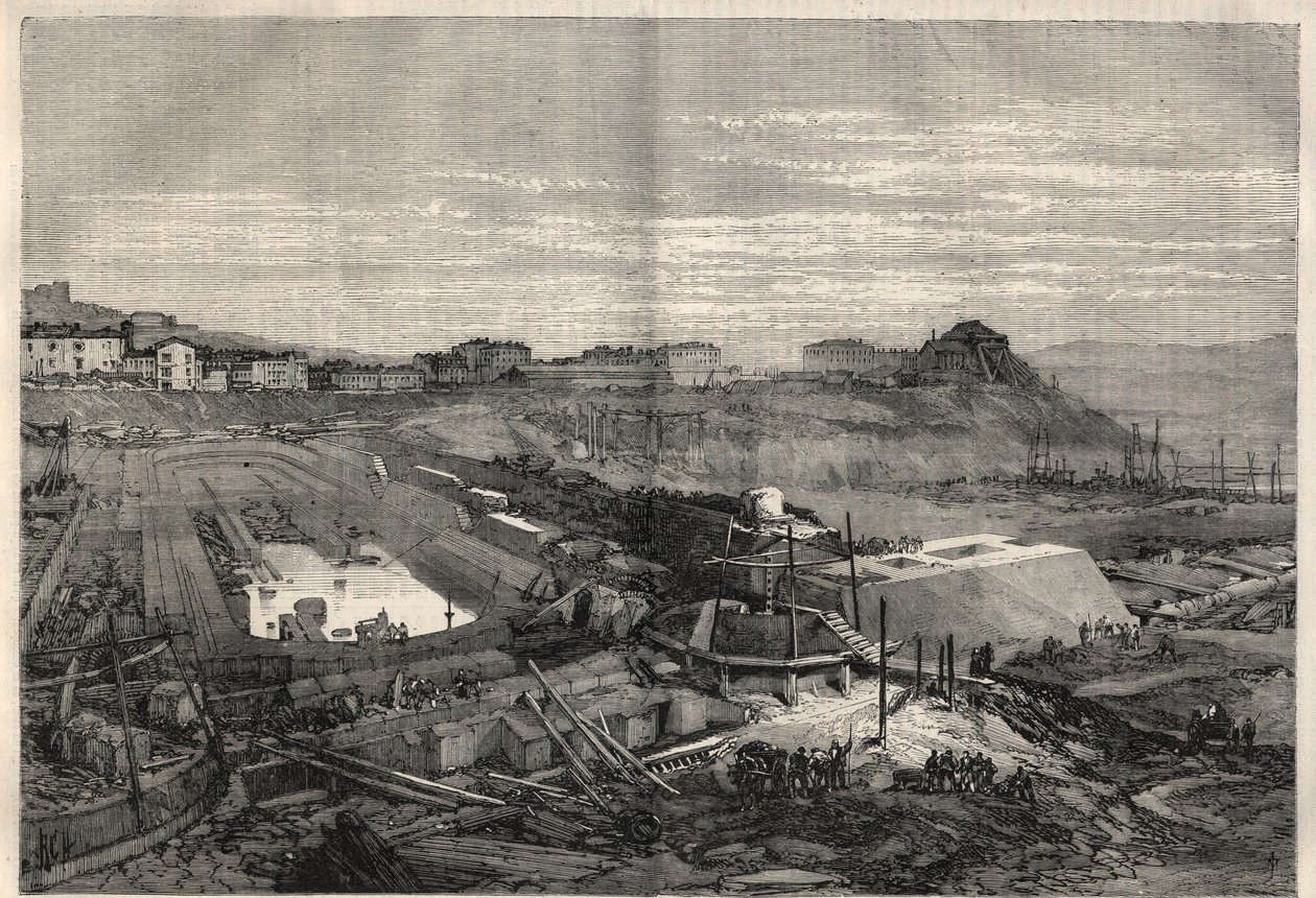 View of the new docks built by the Italian government in the port of La Spezia. Engraving in 