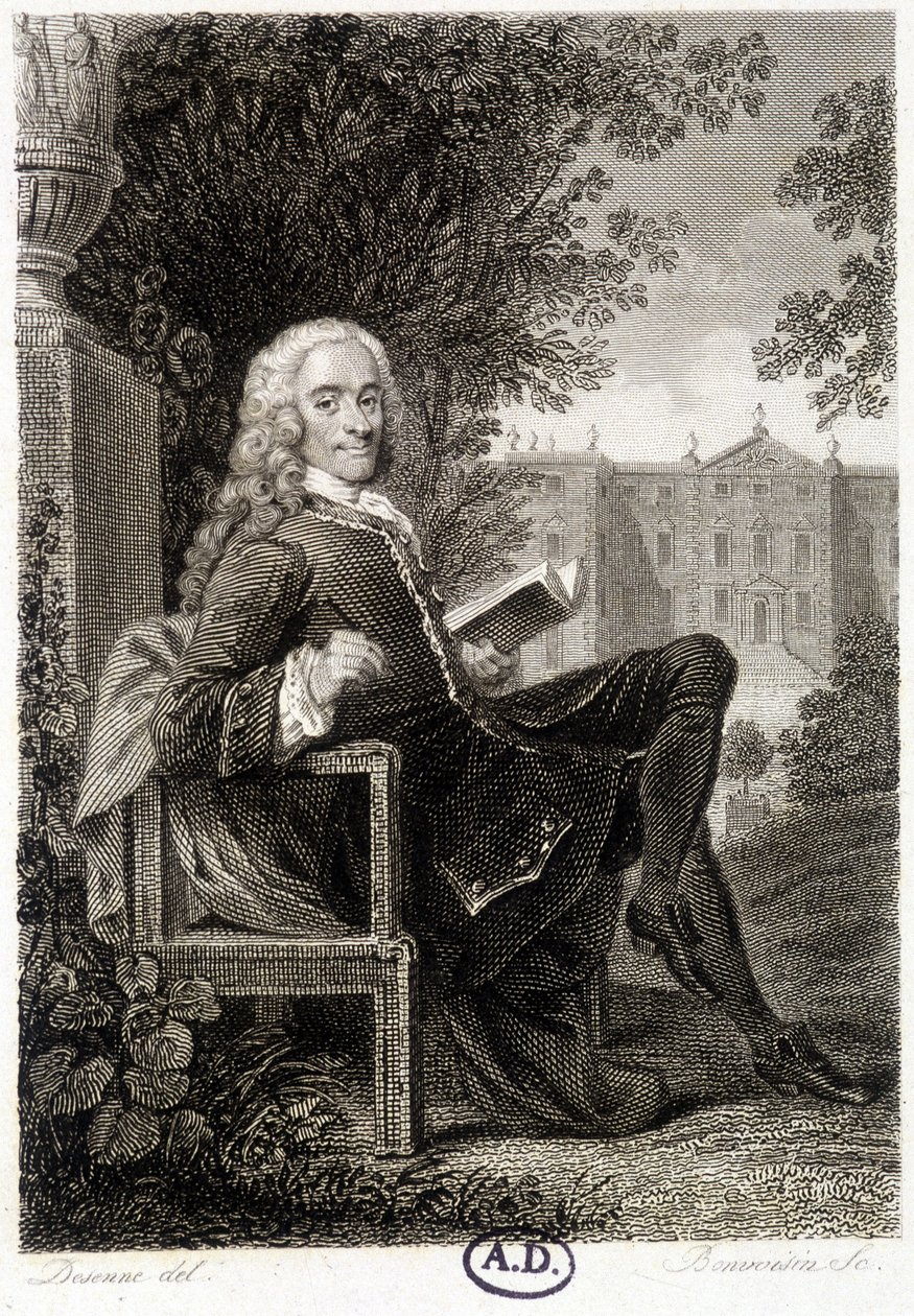 Voltaire reading in a park - engraving by Unknown artist