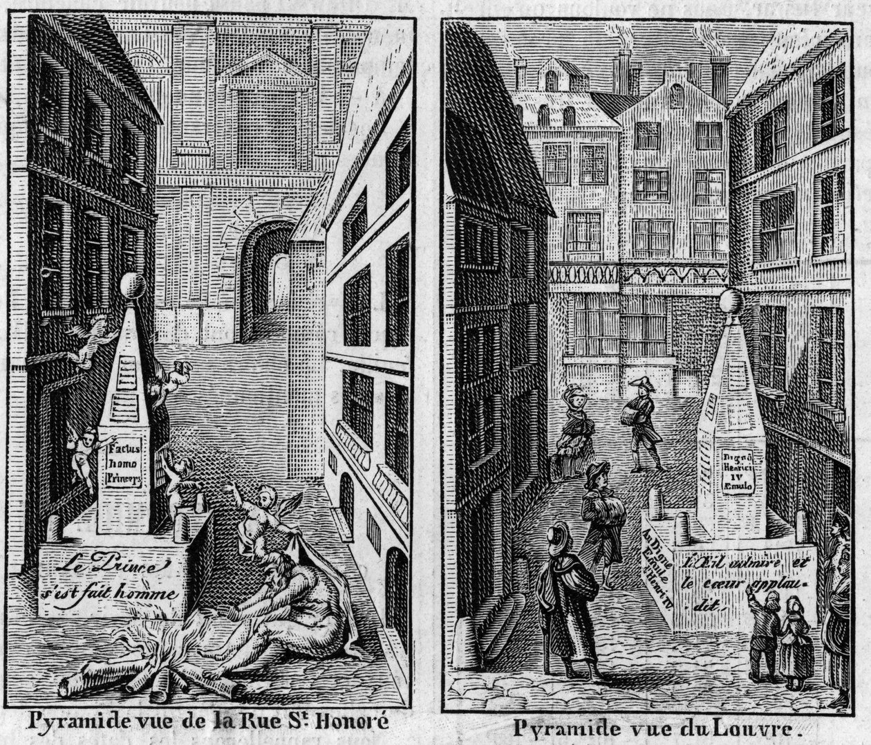 Winter Pyramid 1784 in Paris. Facsimile of two prints published in La Pyramide de neige, almanach of 1786. Engraving in La Nature: revue des sciences et de leurs applications aux arts et a l