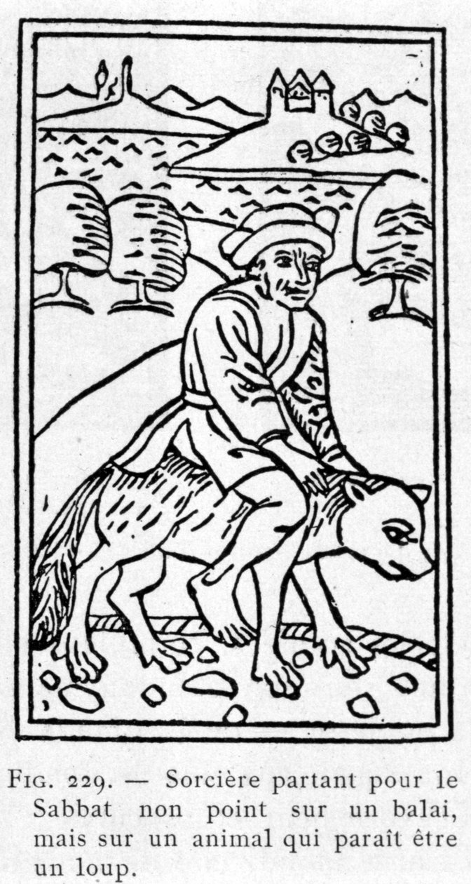 Witch leaving for the Sabbath not on a broom, but on an animal that seems to be a wolf by Unknown artist