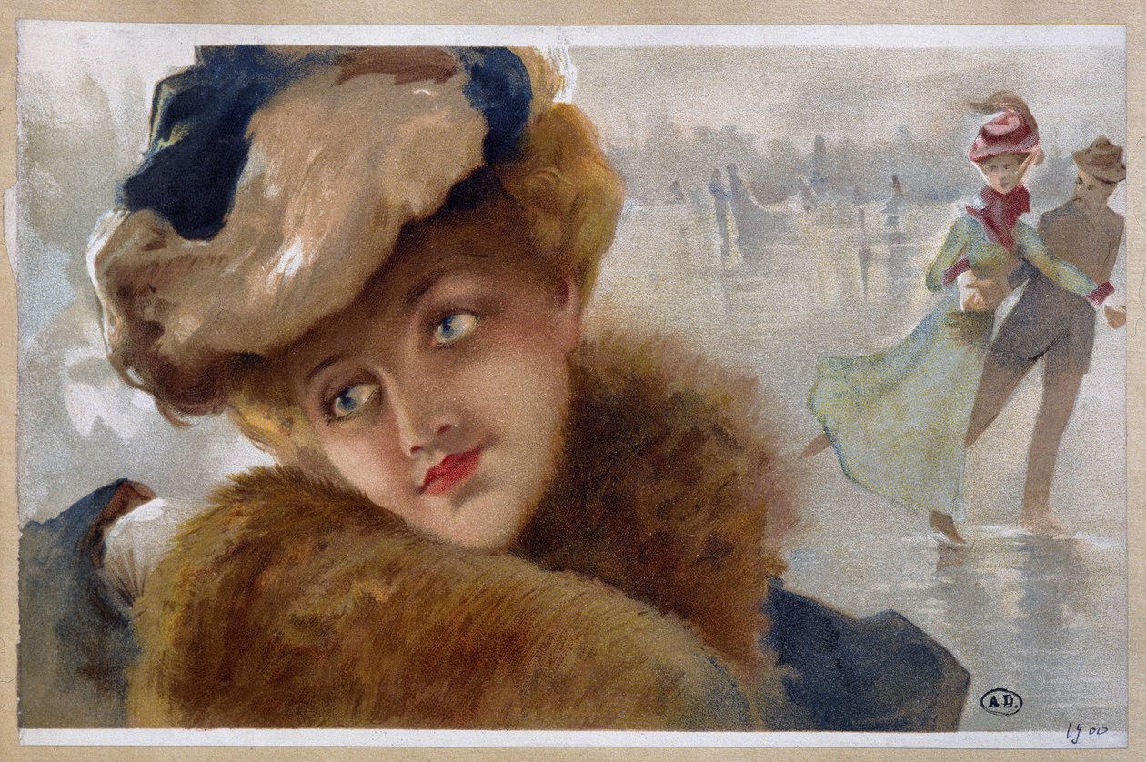 Women on an Ice Rink - Chromolithograph by Unknown Artist
