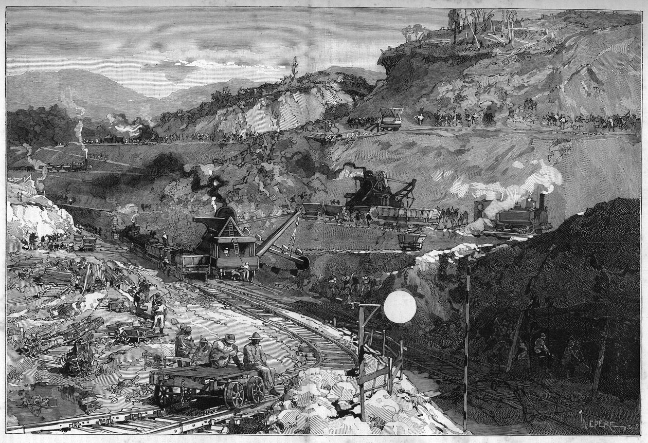Worker on the trench site in Lower Obispo for the construction of the Panama Canal. Engraving in 
