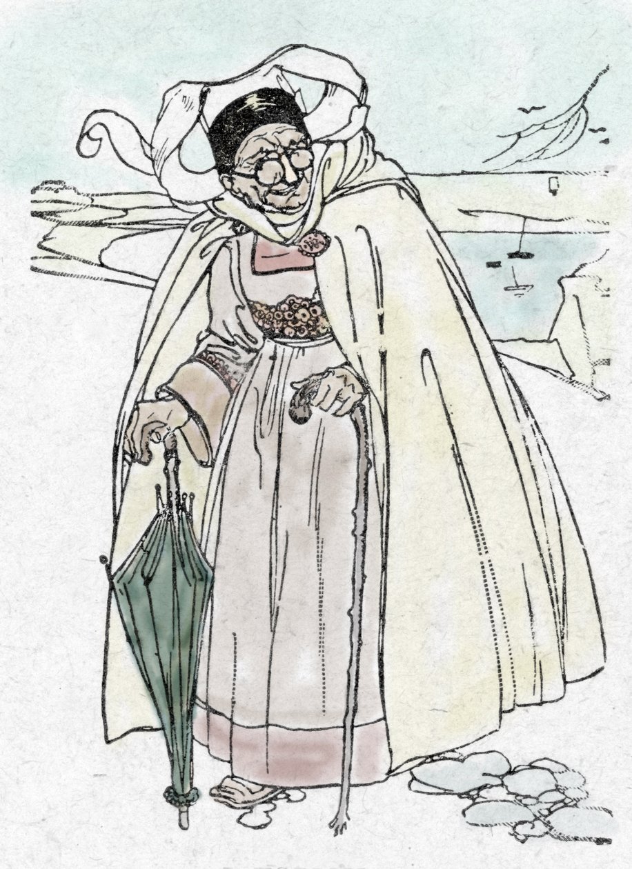 World War I: A German Spy Disguised as an Old Woman from the Vendée, with an Umbrella Telescope and a Cane Taking Photographs by Unknown Artist