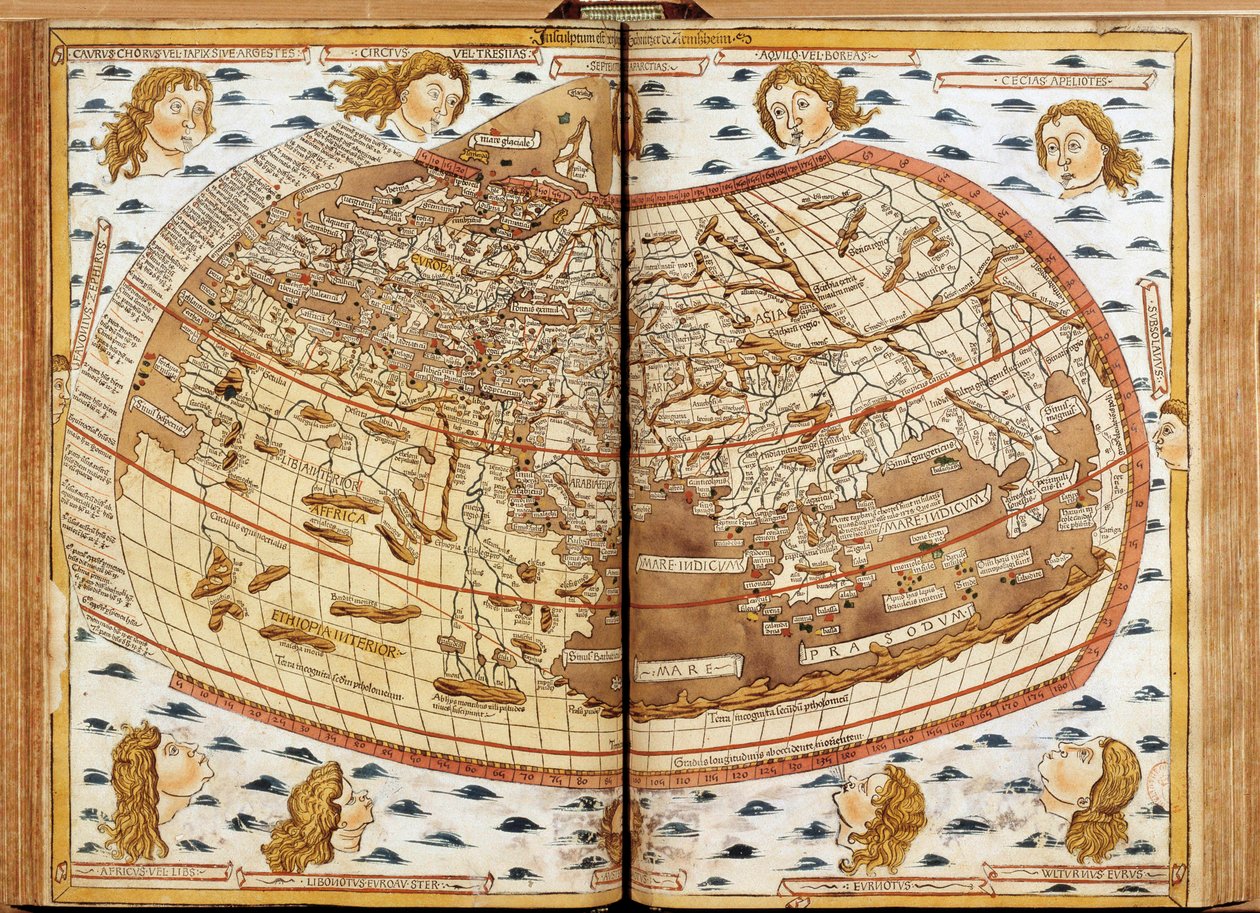 World map of Claude Ptolemy. The human heads blowing air represent the different winds. In 