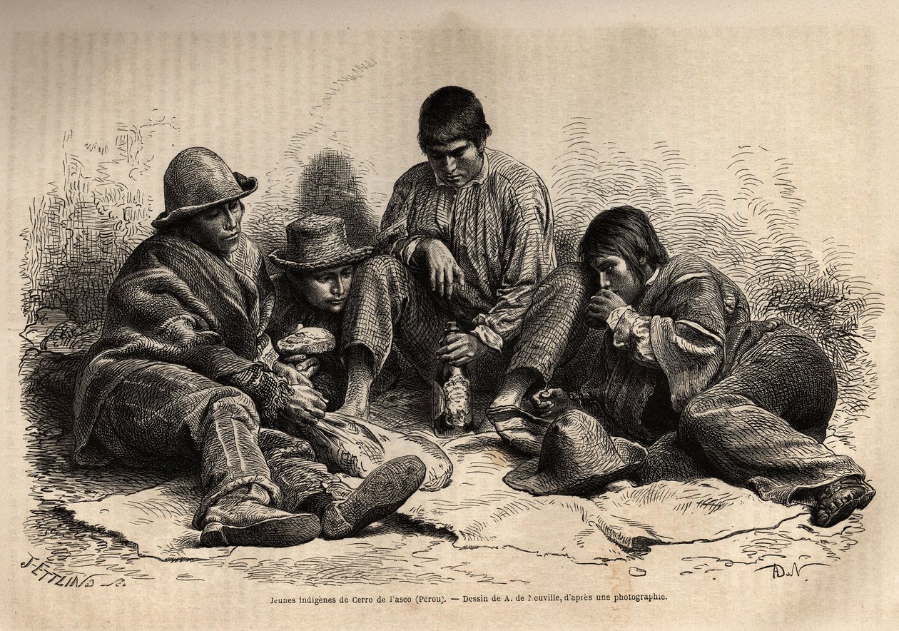 Young Indians from Cerro de Pasco (central Peru), gather for breakfast. Engraving to illustrate Les iles Chincha, rect by L. Simonin, in 1860, published in 