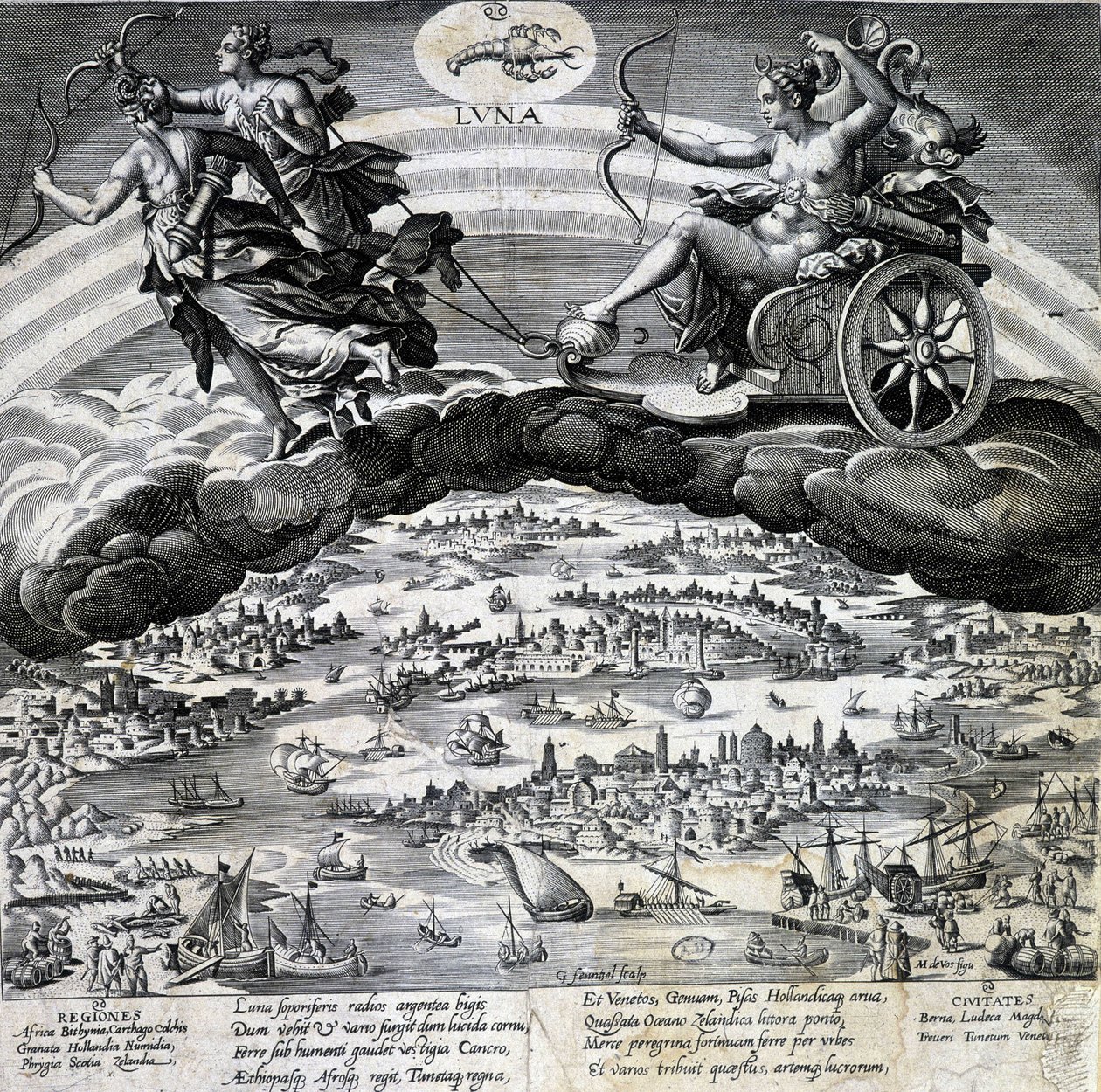Zodiac sign Cancer. Moon, representation of the tank of Semelee. Engraving of the 19th century. by Unknown artist