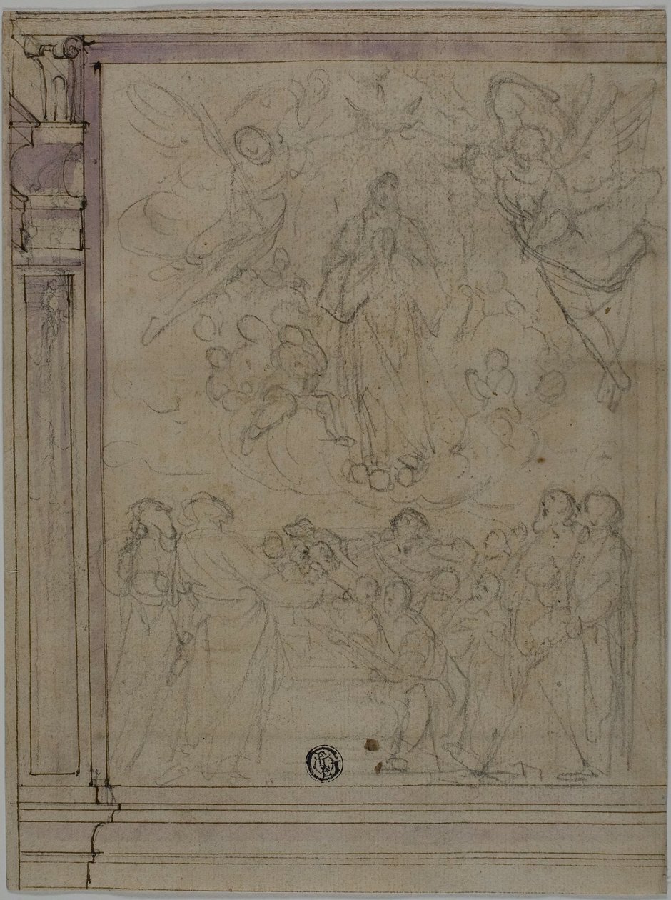 Assumption of the Virgin (recto); Sketches of Architectural Details (verso) by Unknown Florentine