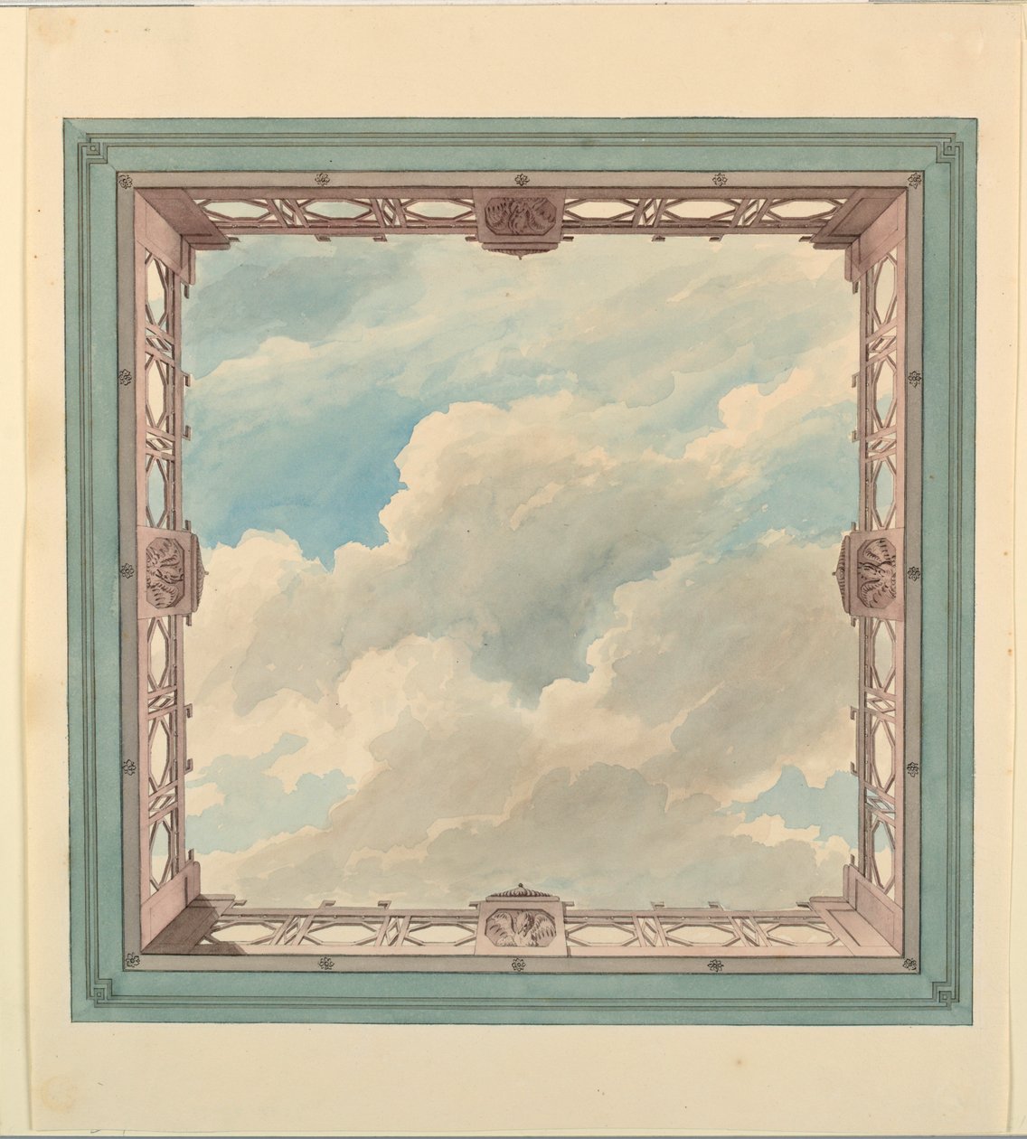 Ceiling Design with Fretwork Balcony and Open Sky, possibly for Conservatory/Music Room, or Dining Room, ca. 1820 by Unknown artistUnknown artist