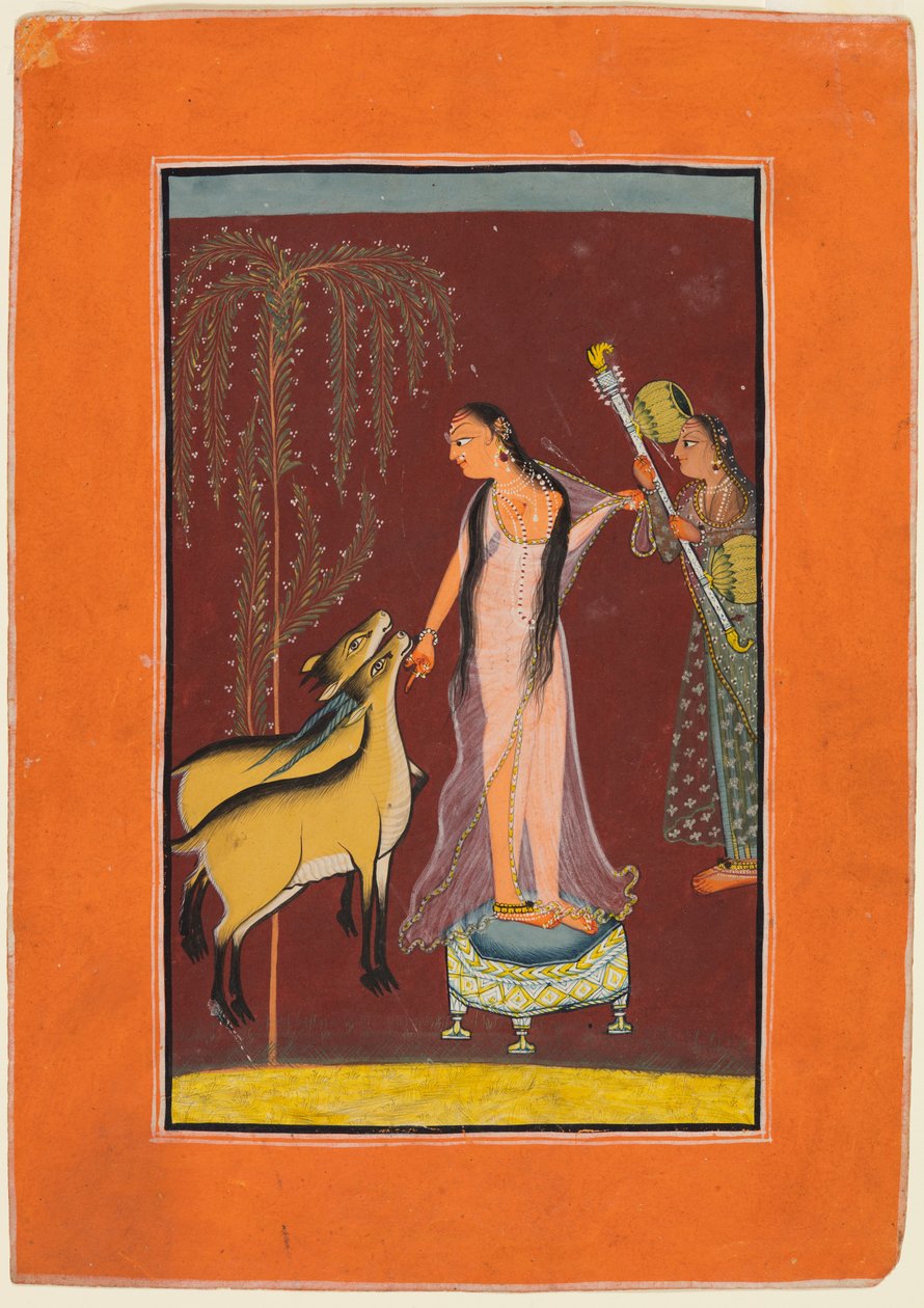 A Lady with Attendant and a Pair of Deer: Probably Gujari Ragini of Dipak, from a Pahari Ragamala by Unknown artist