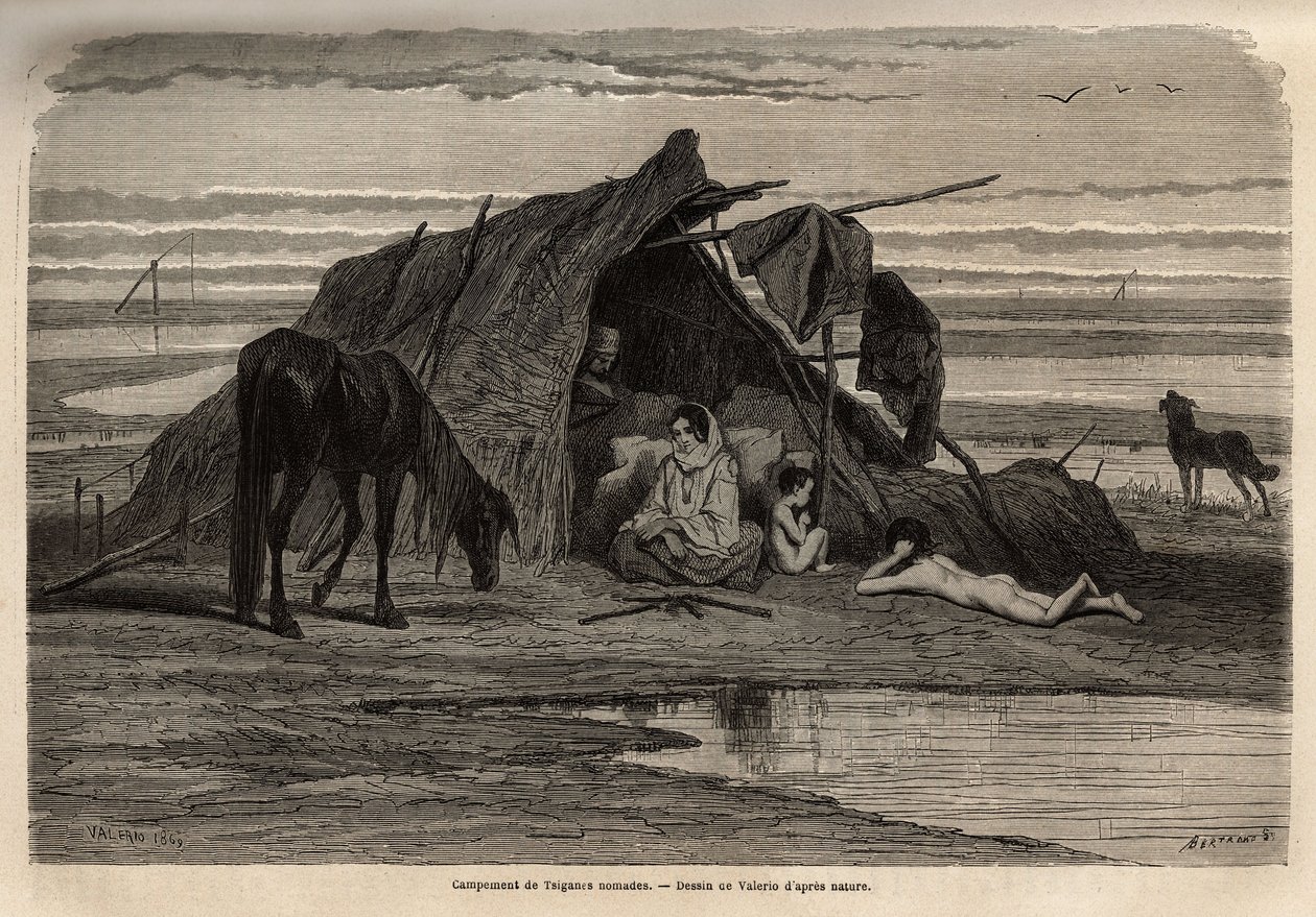 A camp of nomadic gypsies in the plains of northern Bosnia. Engraving to illustrate the memories of travel among the southern Slavs, by Georges Perrot, in 1868, published in Le tour du monde 1870-1871, edited by Edouard Charton, edition Hachette, Paris by Unknown artist