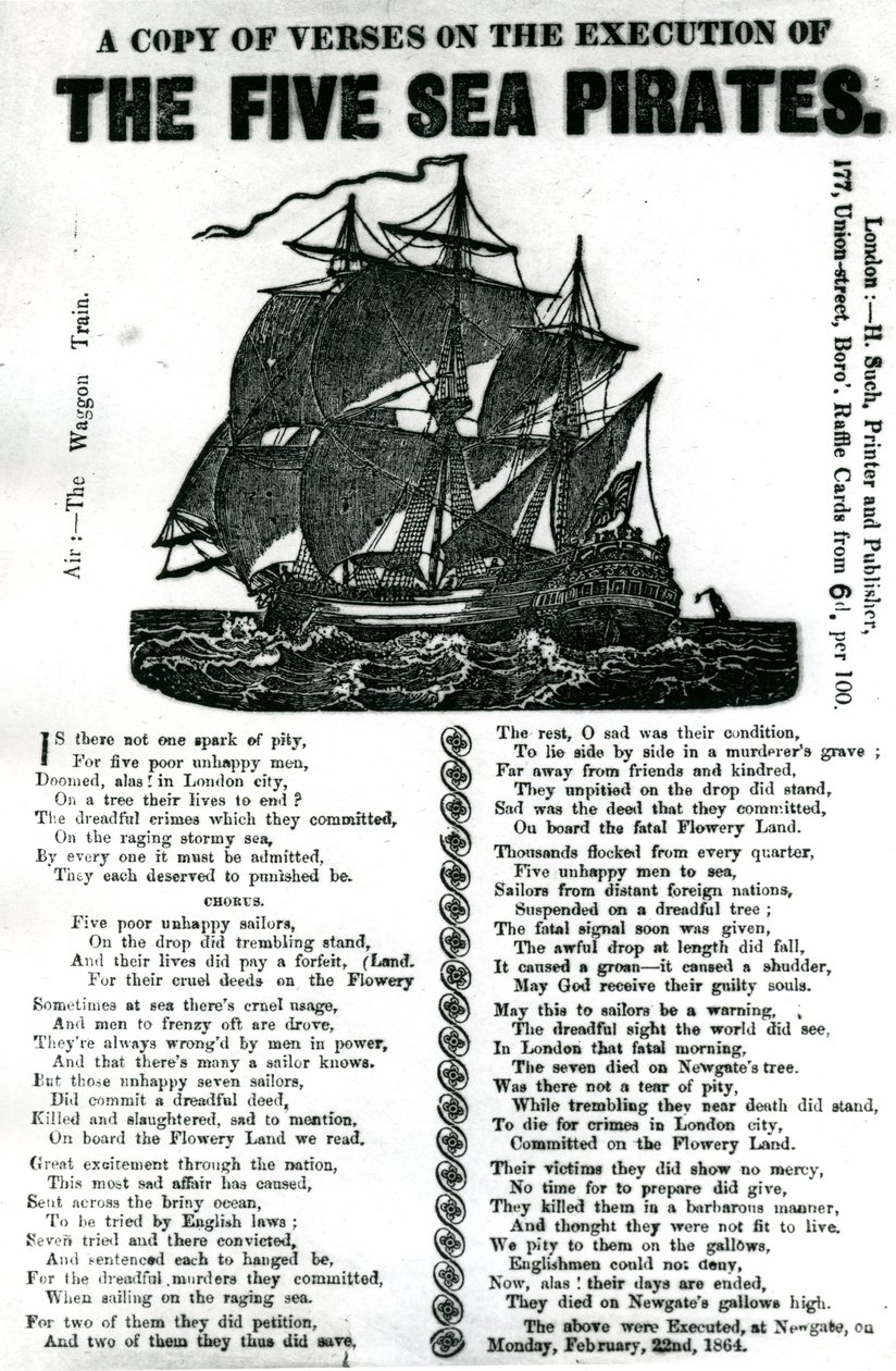 A copy of verses on the execution of the five sea pirates, c.1864 by Unknown artist