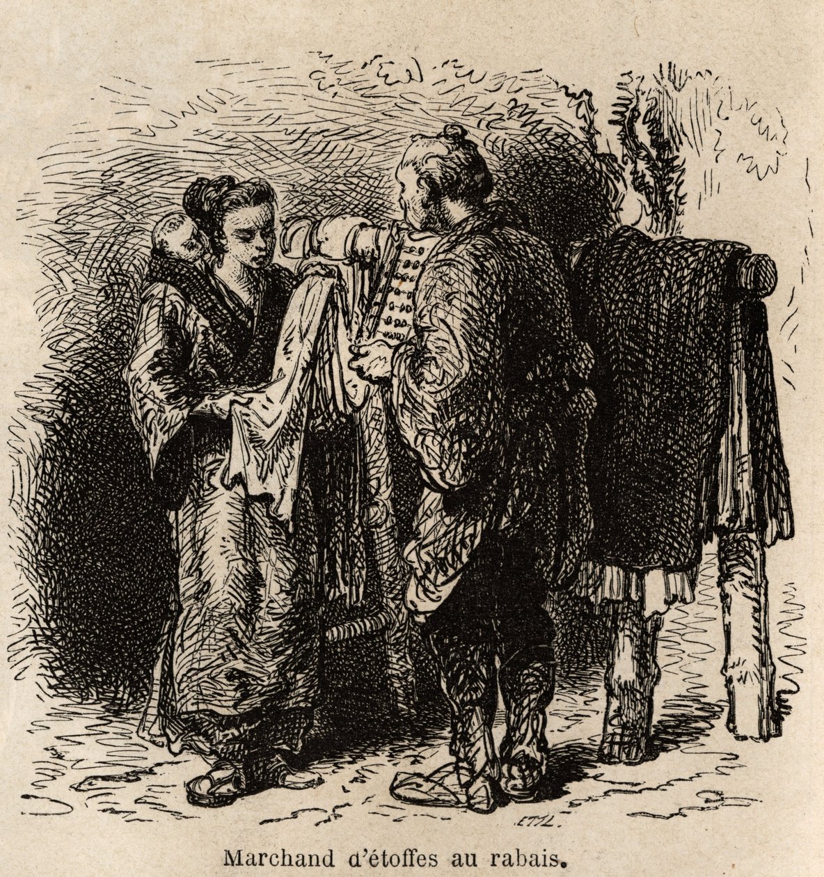 A discount cloth dealer makes the article to a young woman carrying her toddler on her back. Engraving to illustrate the journey to Japan, by Aime Humbert, minister of the Swiss Confederation, in 1863-1864, published in 