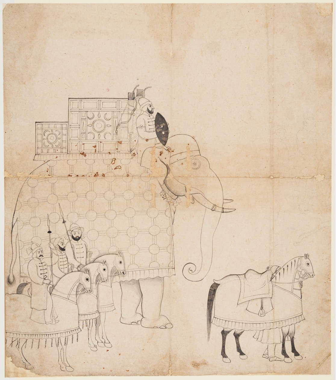 A Drawing of Caparisoned Elephant and Horses by Unknown artist