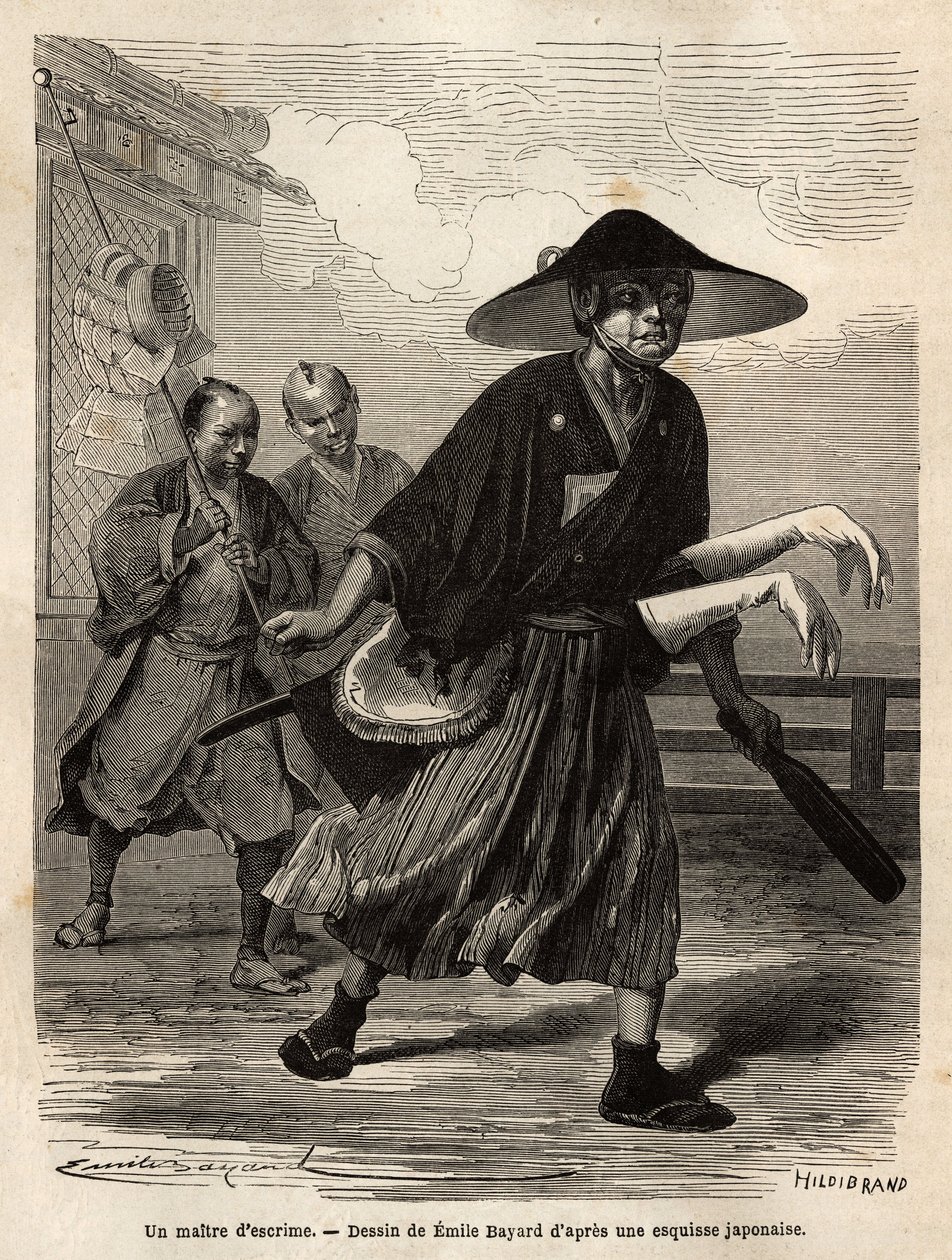 A fencing master, followed by two helpers who wear his material, the master slides his white gloves over the sleeves of his swords. Engraving to illustrate the voyage to Japan, in 1863-1864, by Aime Humbert, minister of the Swiss Confederation, in 