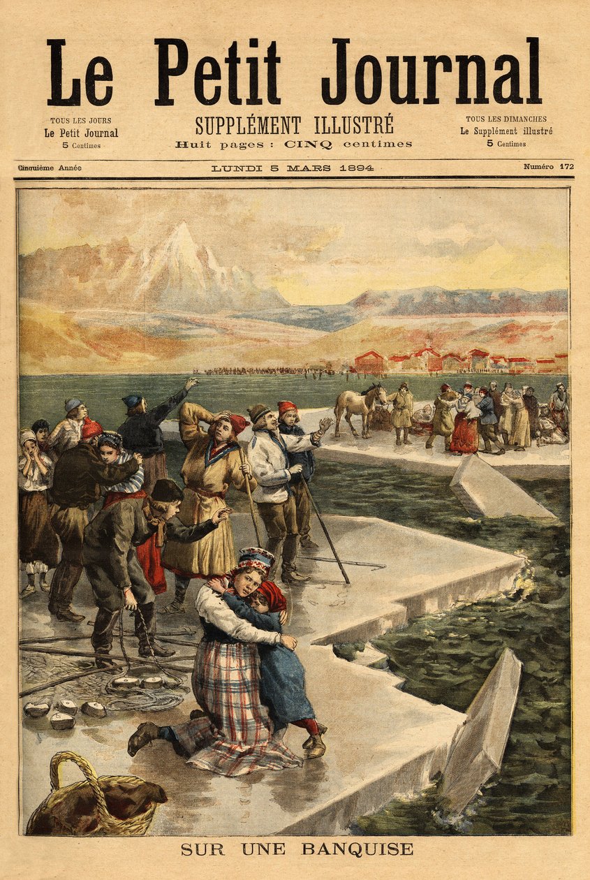 A huge block of ice breaks from the mainland at Helsingfors, taking over 500 people and 20 horses into the open sea. Engraving in Le petit journal 5/03/1894. Selva