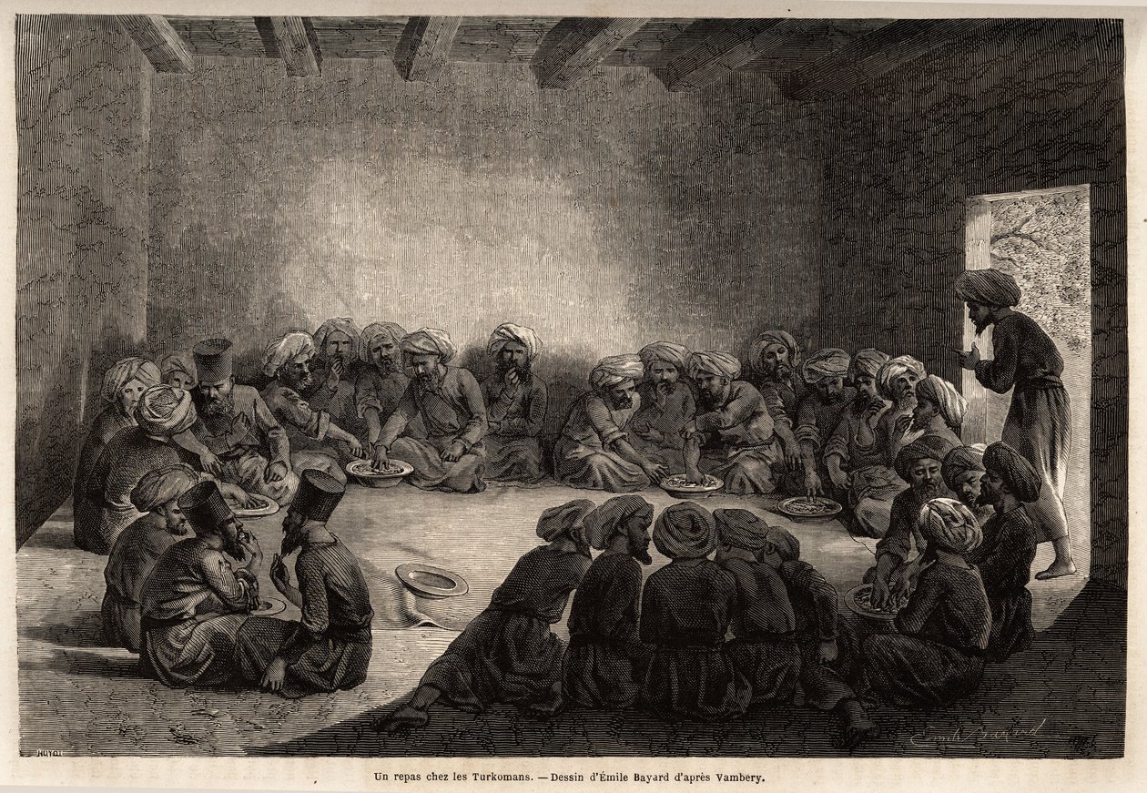 A meal at the Turkomans (Iraq). Drawing by Emile Bayard (1837-1891), to illustrate the journey to Central Asia, in 1863, by Arminius Vambery (Hungarian scientist disguise in dervish). Engraving in “” Le tour du monde””, edited by Edouard Charton by Unknown artist