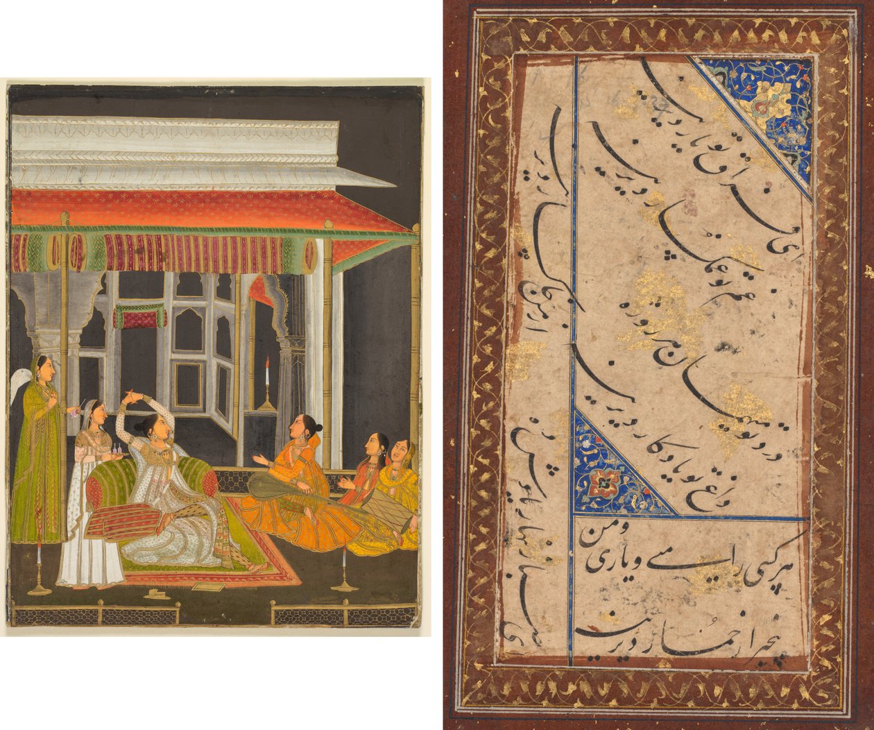 A Princess on a Terrace with Attendants at Night (recto); Calligraphy (verso) by Unknown artist