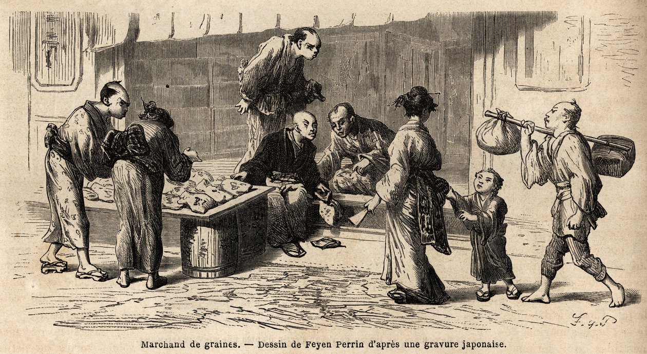 A seed dealer in the middle of the street. Engraving to illustrate the voyage to Japan, in 1863-1864, by Aime Humbert, minister of the Swiss Confederation, in 