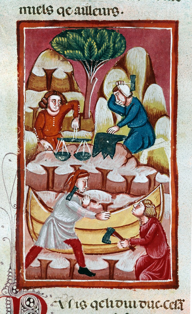 A trader using a scale, a blacksmith striking on an anvil, two workers working on a boat in a shipyard by Unknown artist