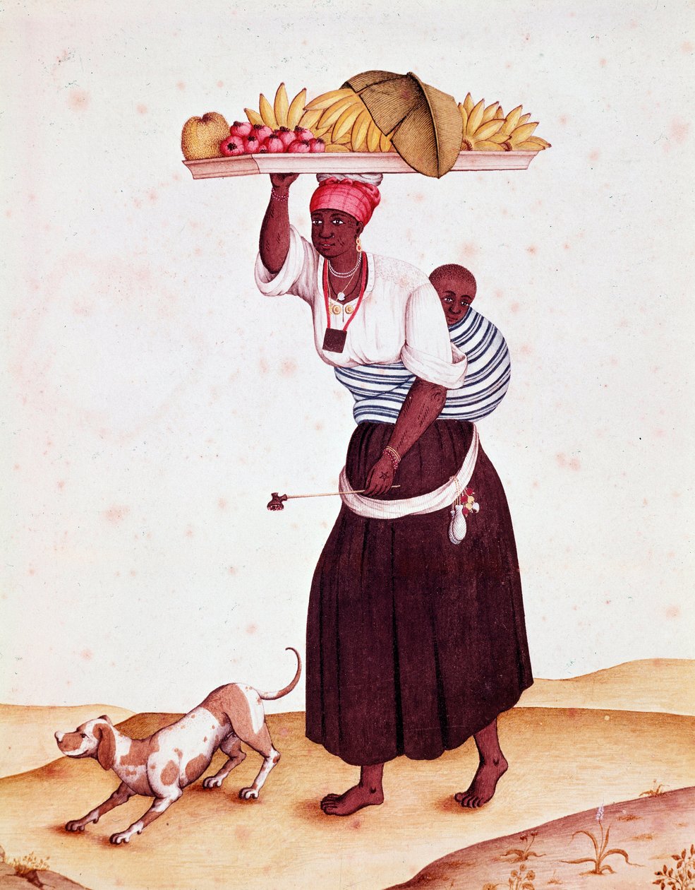 A traveling fruit merchant in Brazil, she carries her child behind her back by Unknown artist