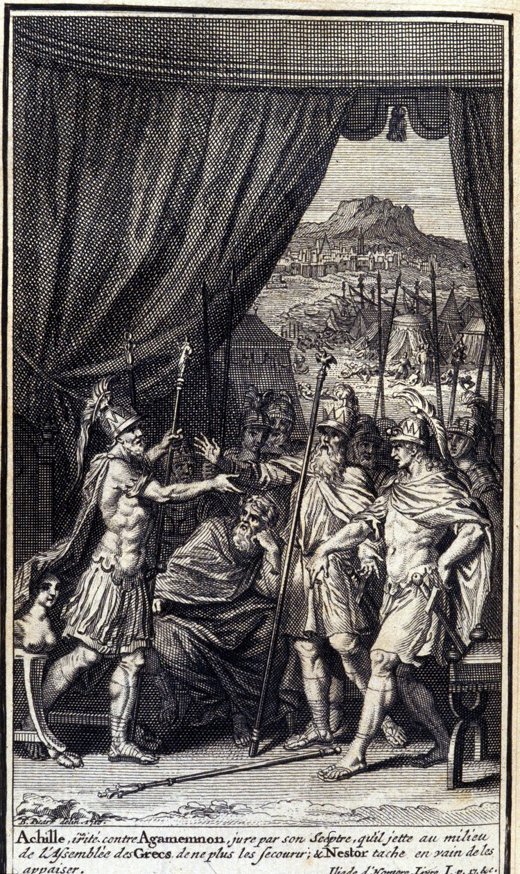 Achilles, Irritated Against Agamemnon, Swears by His Scepter Not to Help the Greeks; Nestor Tries in Vain to Appease Them (Illustration for Book I of the Iliad of Homer) by Unknown artist