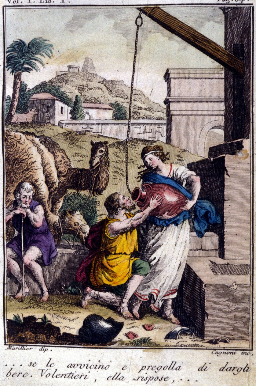 Agar at the well: I approach her and ask her to give a drink. She will answer... Engraving from the beginning of the 19th century. by Unknown artist