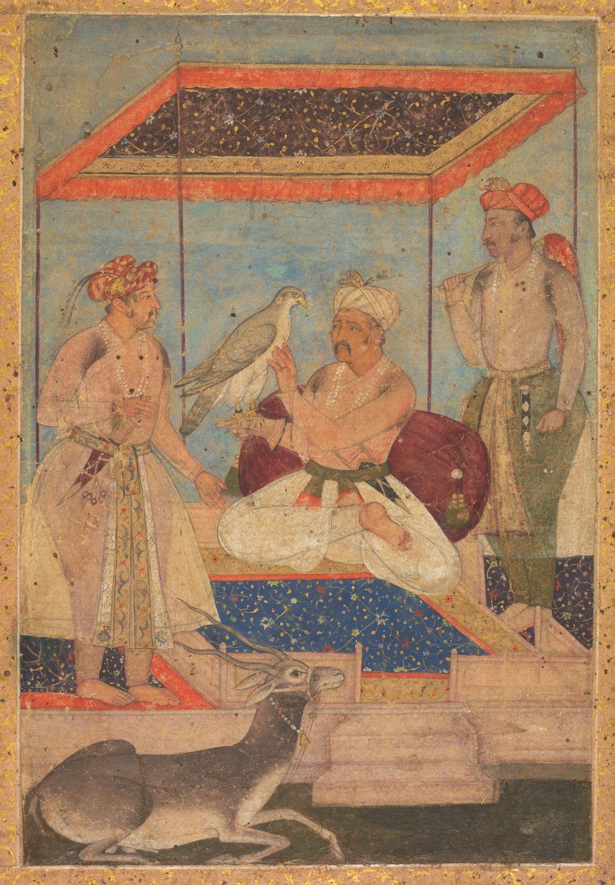 Akbar and Jahangir Examine a Ghir Falcon while Prince Khusrau Stands Behind by Unknown artist