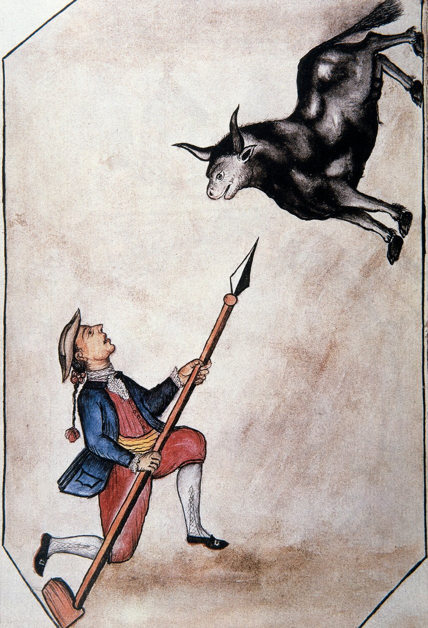 An Indian pointing from his spear a bull, from the book "Trujillo del Peru" or "Codex Martínez Compañón", by Baltazar Martinez Compañón y Bujanda, bishop of Trujillo (1782-1785) by Unknown artist