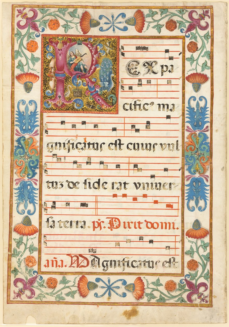Angel Playing an Instrument in a Decorated Initial "R" with Flora, Fauna and Grotesque, from an Antiphonal by Unknown artist
