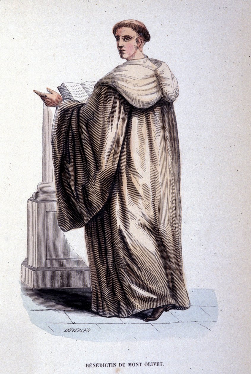 Benedictine of Mount Olivet or Olivetain, religious order founded in Siena in the 14th century. Engraving of the 19th century. Private collection, Milan. by Unknown artist
