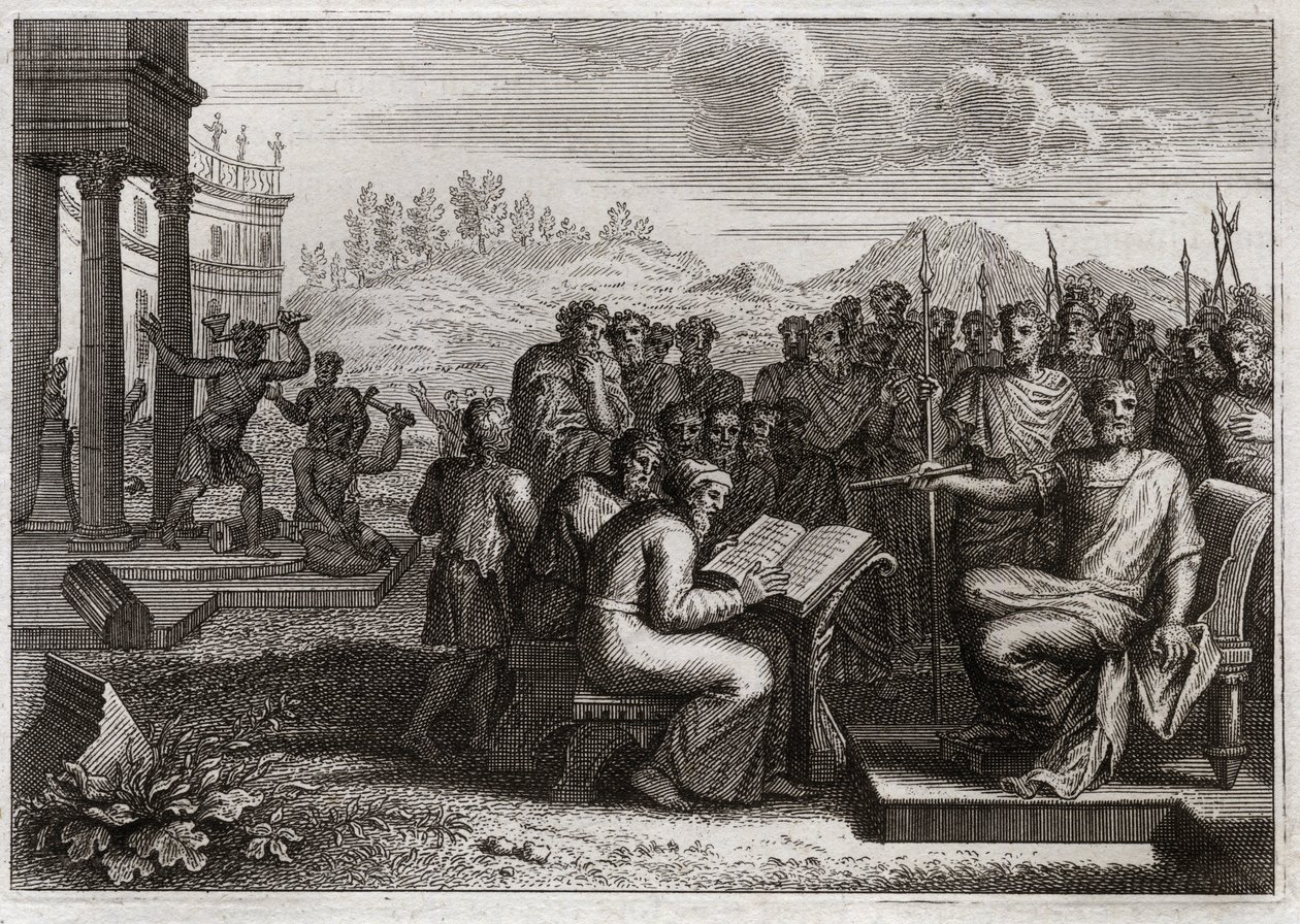 Bible of Royaumont, Old Testament: Piety of Josiah. Josiah, king of Judah, restores the worship of God in his kingdom, and surpasses all the kings his predecessors in virtue. Illustration from 1811. by Unknown artist