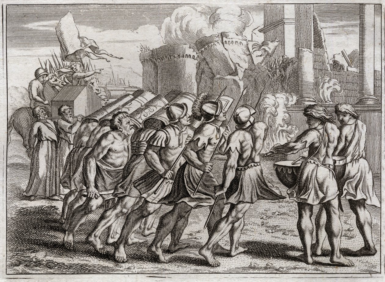 Bible of Royaumont, Old Testament: Taken of Jericho. The Walls of Jericho fall to the ground to the sound of the trumpets of the Priests who preceded the Ark of the Covenant of the Lord. Illustration from 1811. by Unknown artist